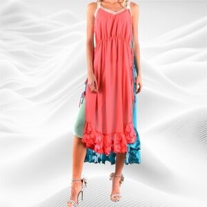 Marco de‎ Vincenzo Dress Coral and Turquoise Sheer Midi Size 38 IT/Small-2US